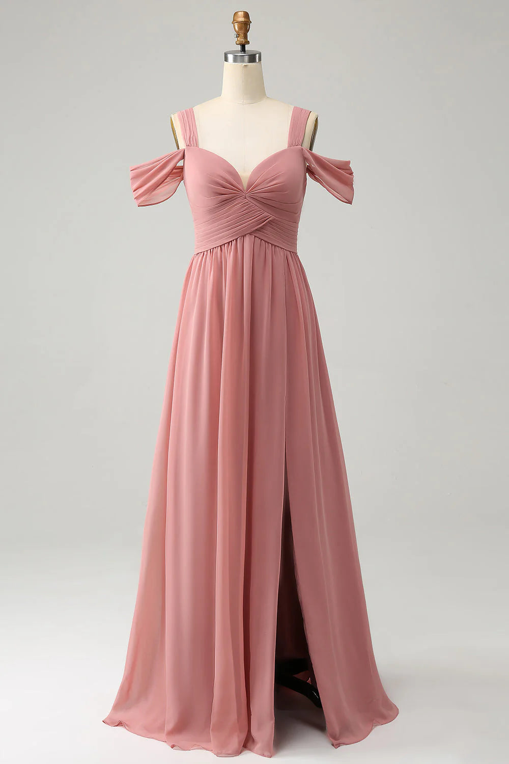 A Line Spaghetti Straps Pleated Chiffon Long Bridesmaid Dress with Slit