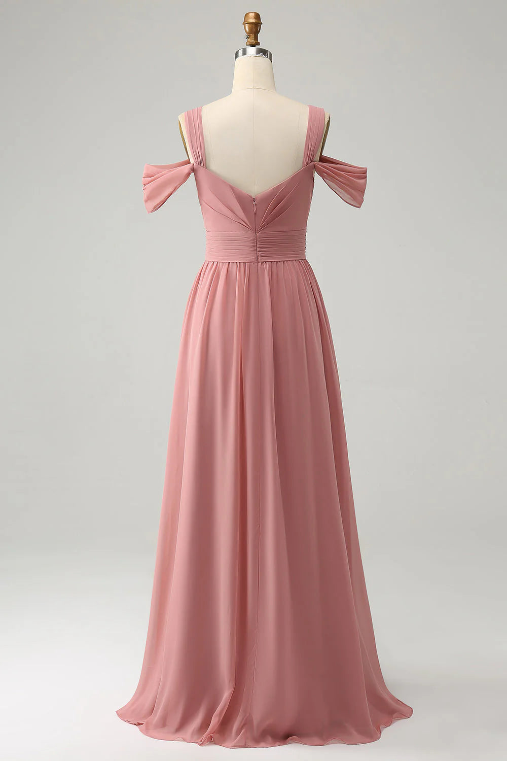 A Line Spaghetti Straps Pleated Chiffon Long Bridesmaid Dress with Slit