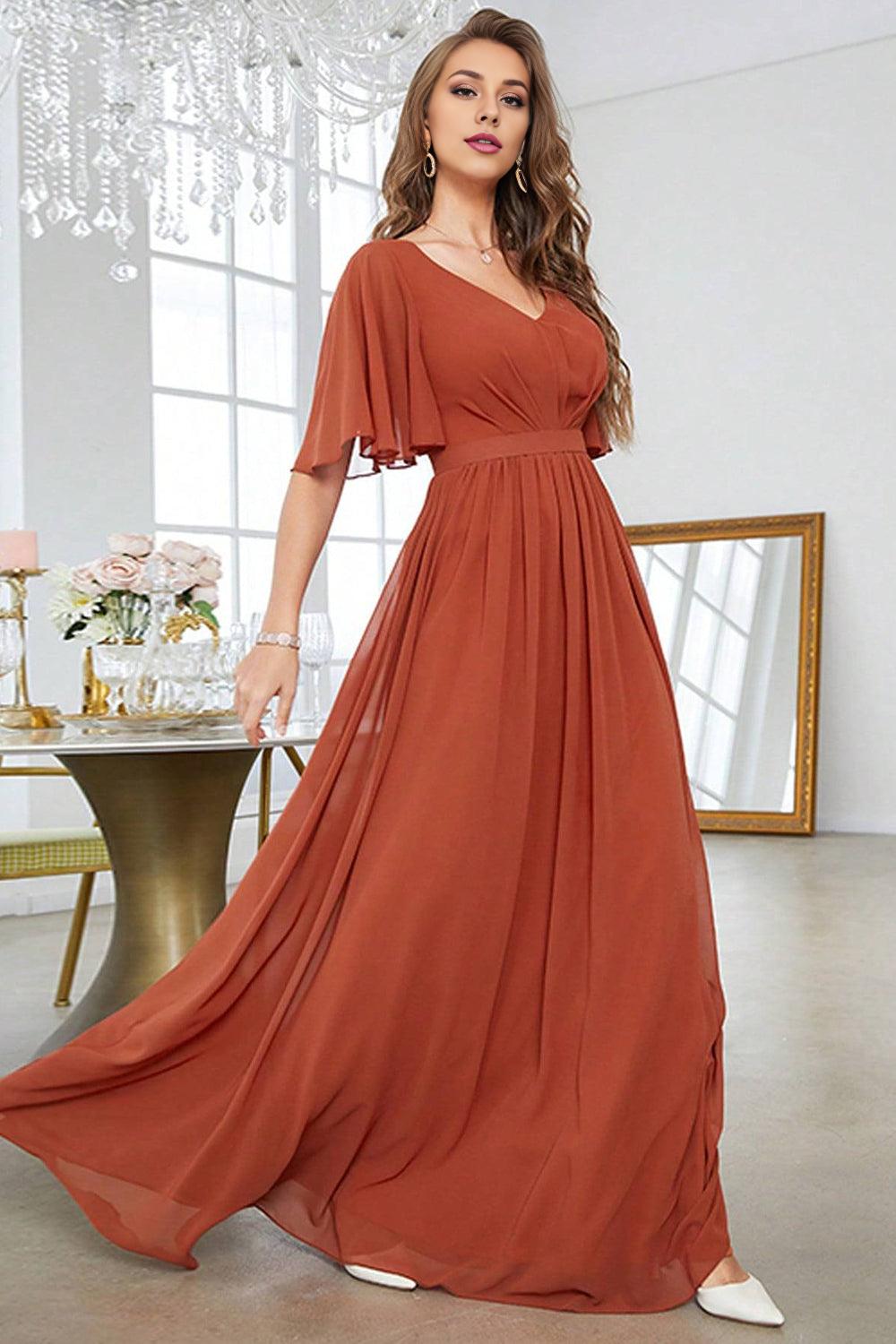 A-Line V-Neck Pleated Brick Red Mother of the Bride Dress With Short Sleeves