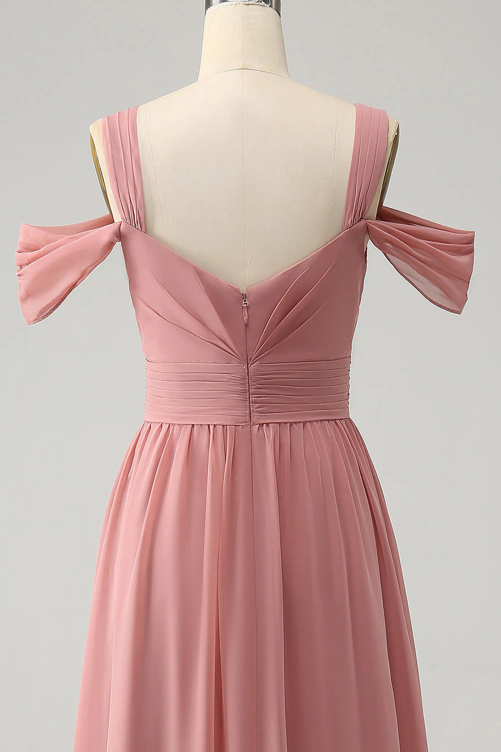 A Line Spaghetti Straps Pleated Chiffon Long Bridesmaid Dress with Slit