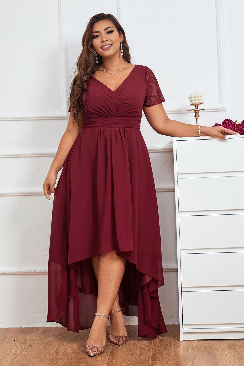 A Line V Neck Asymmetrical Plus Size Mother of the Bride Dress