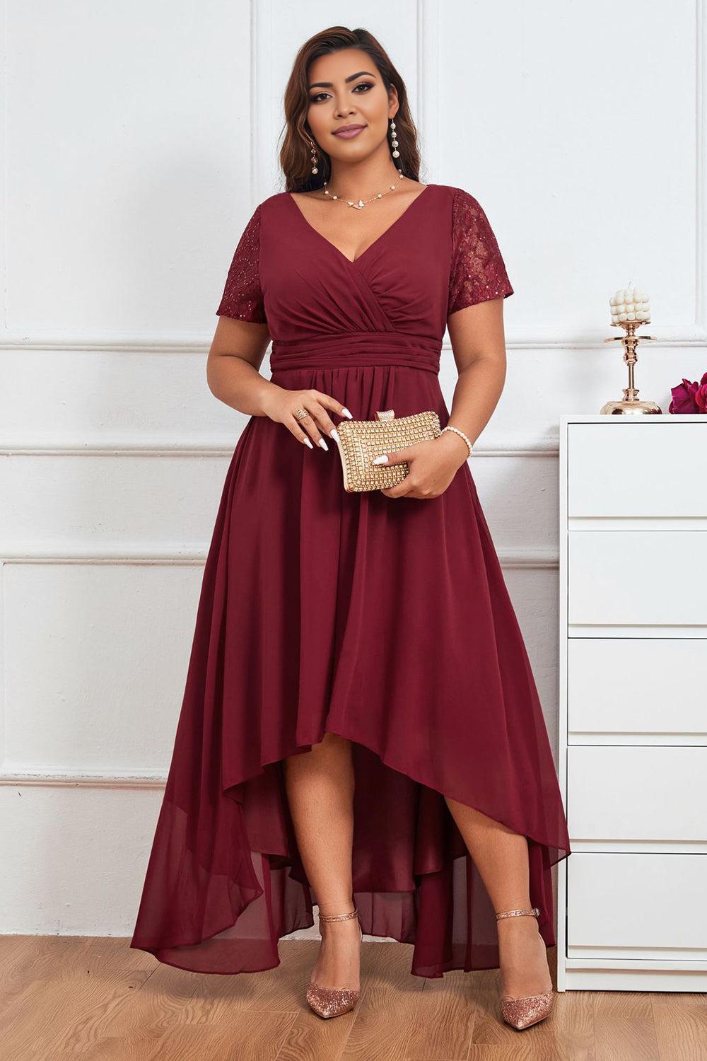 A Line V Neck Asymmetrical Plus Size Mother of the Bride Dress