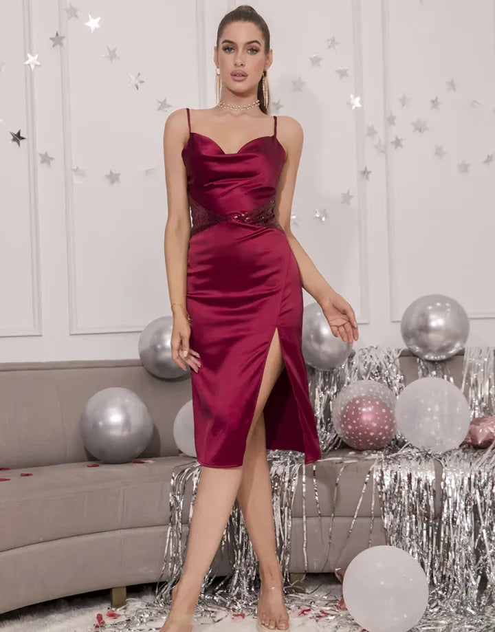 Burgundy Italian Noodle Elegant Strap Split Cocktail Dress