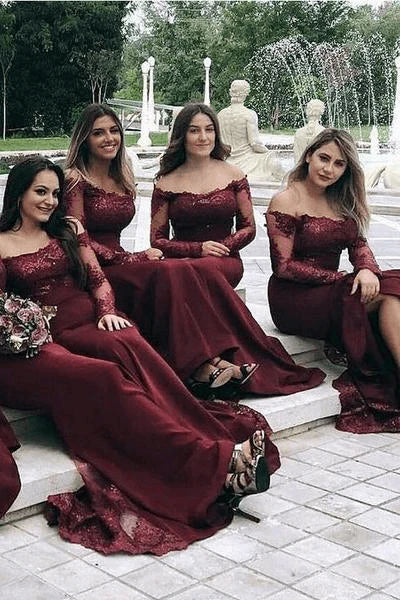 Wine red long sleeved off shoulder mermaid dress long bridesmaid dress