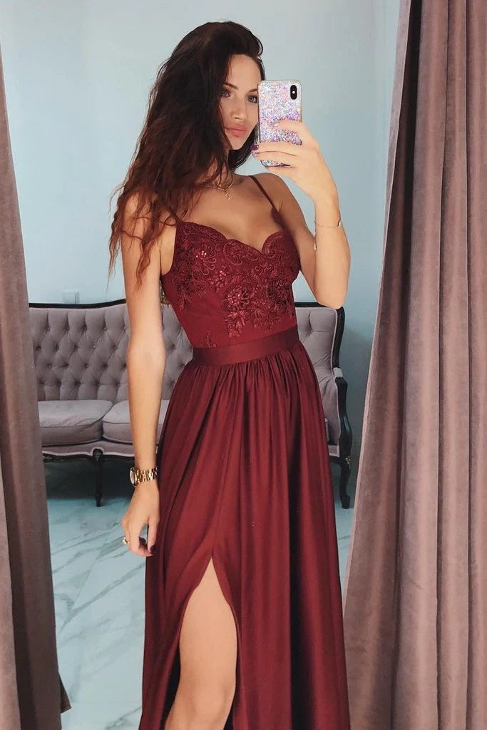 Wine red thin shoulder strap slit beaded sweet satin ball dress