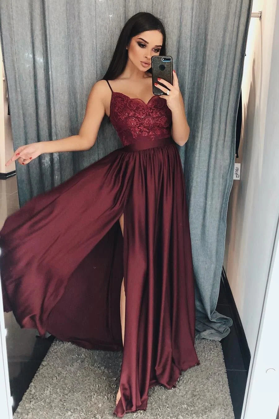 Wine red thin shoulder strap slit beaded sweet satin ball dress