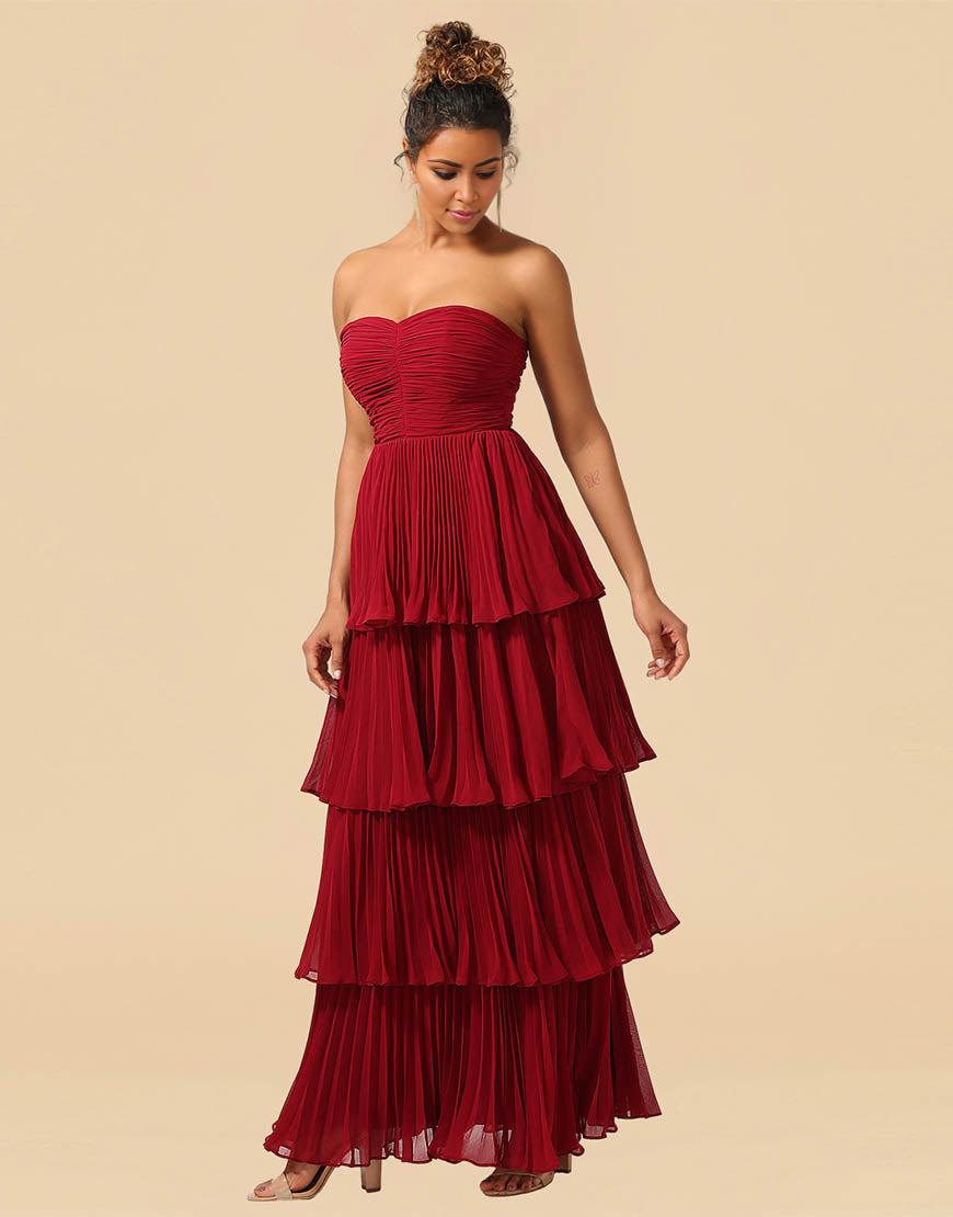 A-Line Burgundy Strapless Long Tiered Chiffon Bridesmaid Dress
