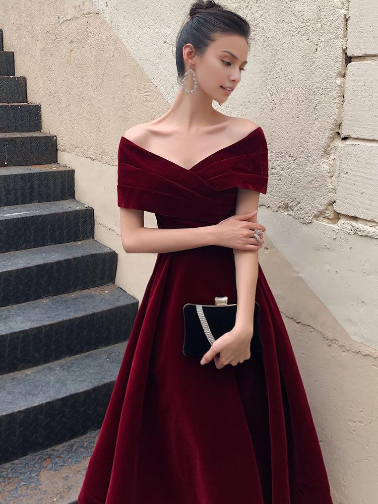 A-Line Burgundy off Shoulder Tea Length Prom Dress Burgundy Formal Dress