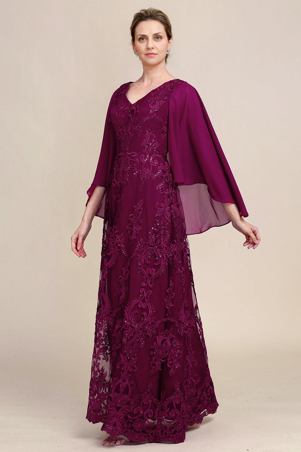 V Neck Beaded Batwing Sleeves Mother of the Bride Dress