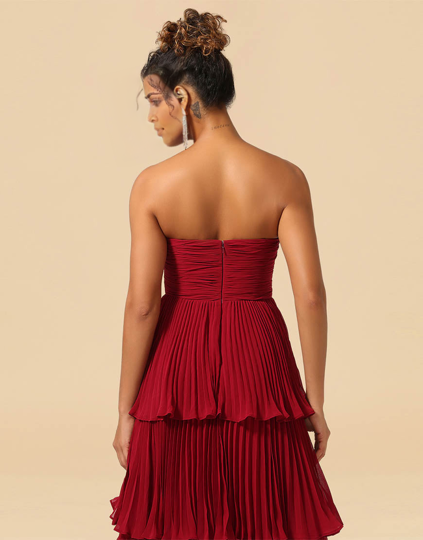 A-Line Burgundy Strapless Long Tiered Chiffon Bridesmaid Dress