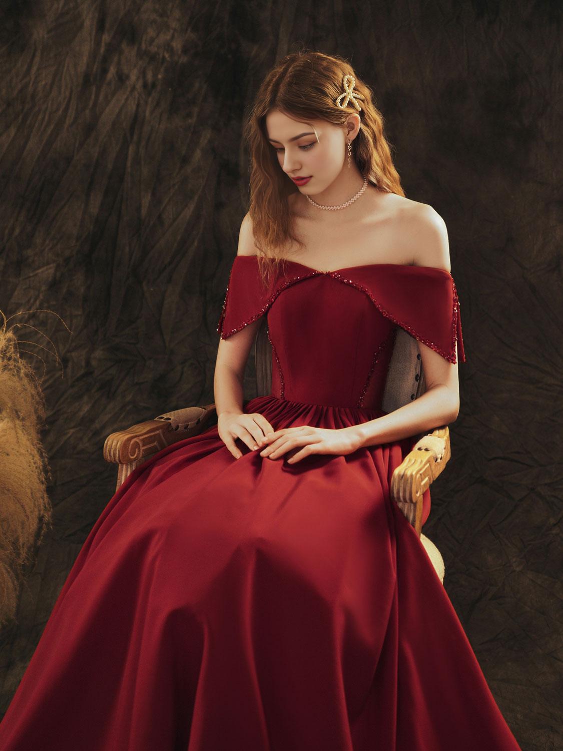 A-Line Off Shoulder Satin Burgundy Long Prom Dress Burgundy Formal Prom Dress