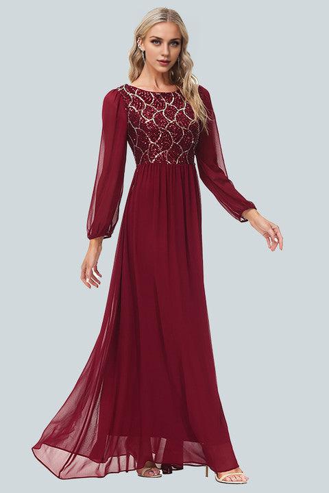 A-line Round Neck Chiffon Splicing Sequined Toast Dress Mother of the Bride Dress with Slit