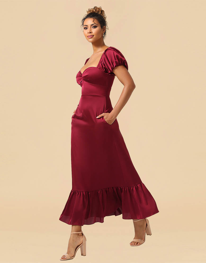 Tea Length Puff Sleeves Satin Bridesmaid Dresses With Split