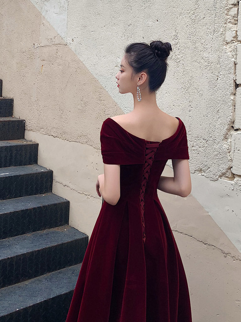A-Line Burgundy off Shoulder Tea Length Prom Dress Burgundy Formal Dress