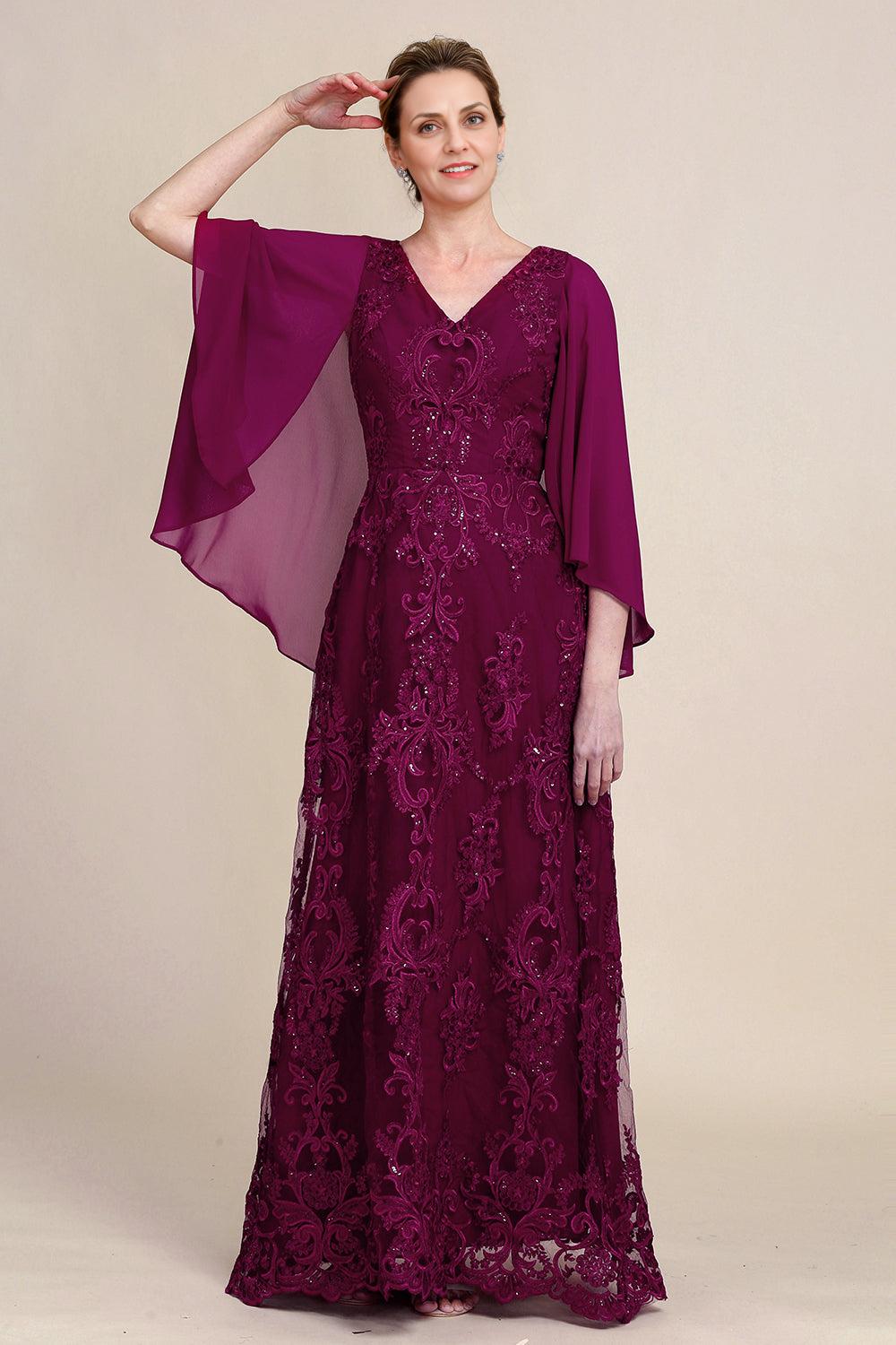 V Neck Beaded Batwing Sleeves Mother of the Bride Dress