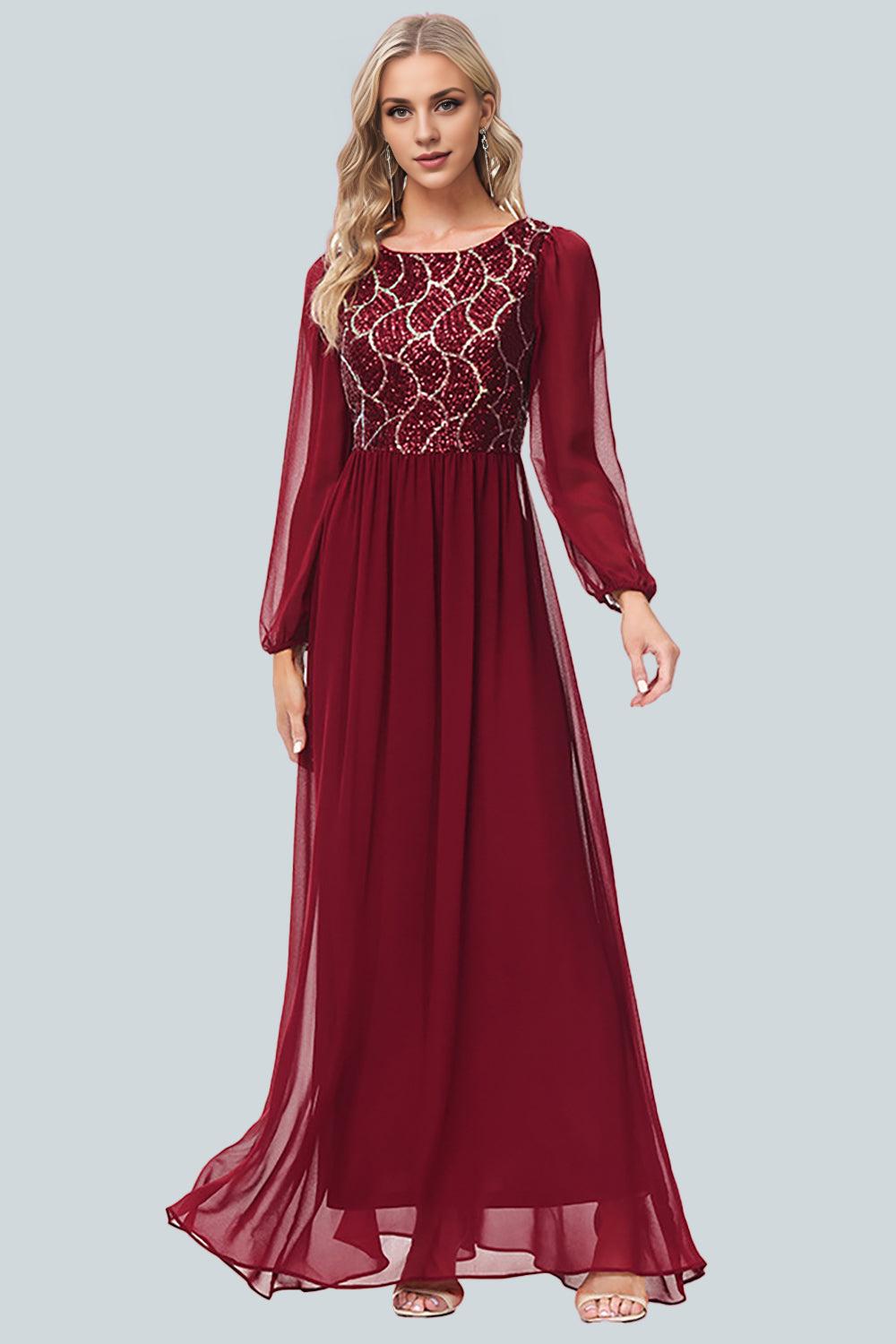 A-line Round Neck Chiffon Splicing Sequined Toast Dress Mother of the Bride Dress with Slit