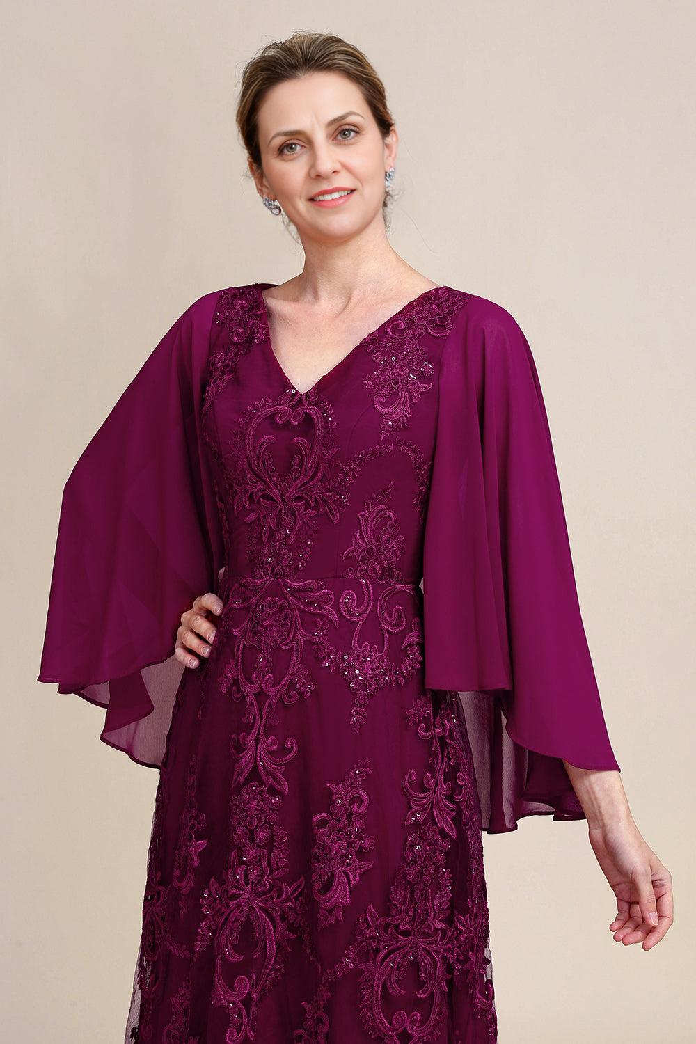 V Neck Beaded Batwing Sleeves Mother of the Bride Dress