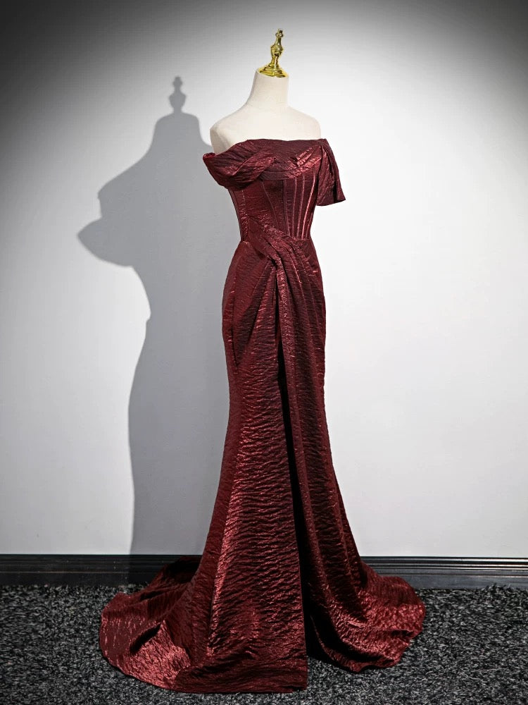 Mermaid Off Shoulder Satin Burgundy Long Prom Dress Burgundy Long Prom Dress