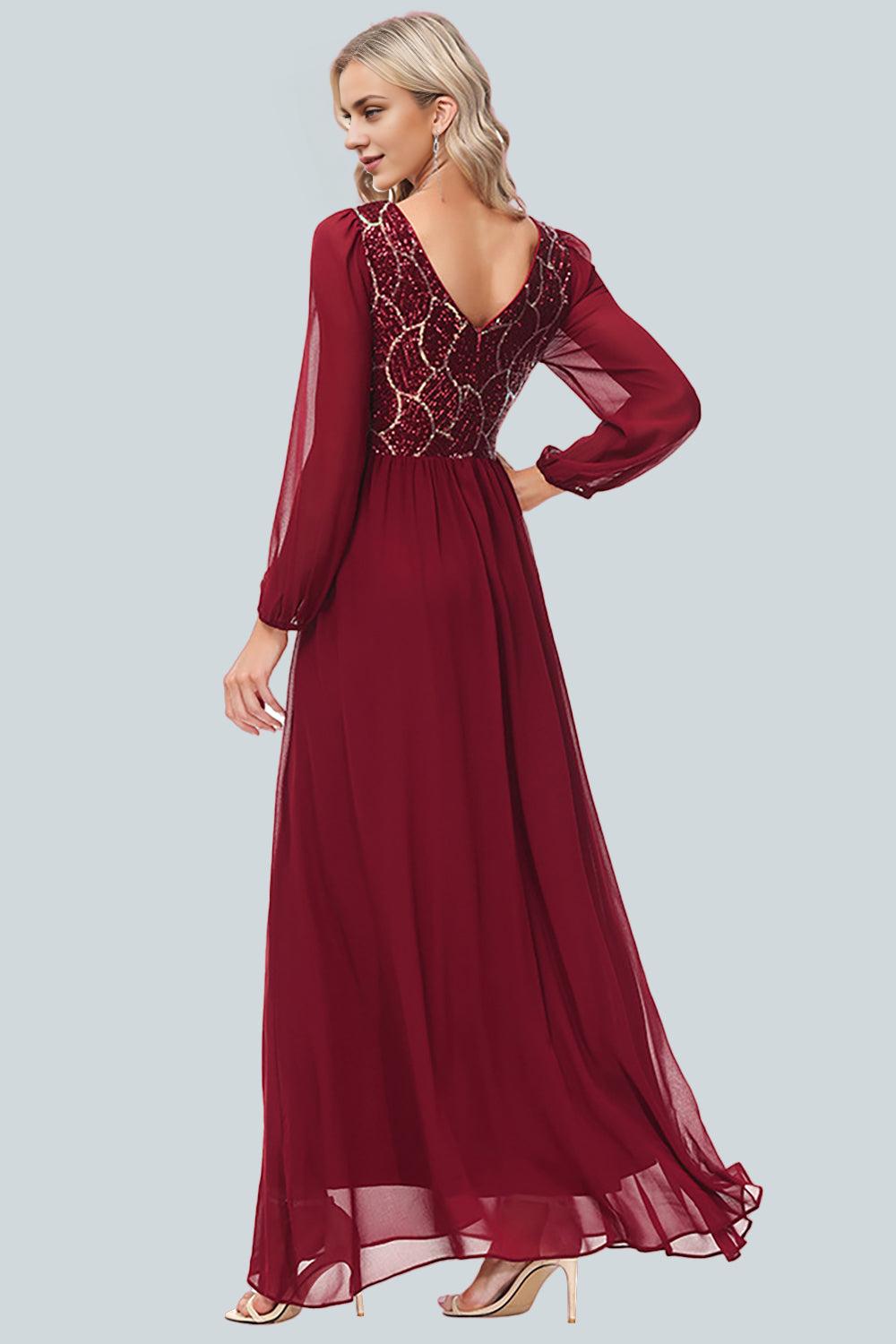 A-line Round Neck Chiffon Splicing Sequined Toast Dress Mother of the Bride Dress with Slit