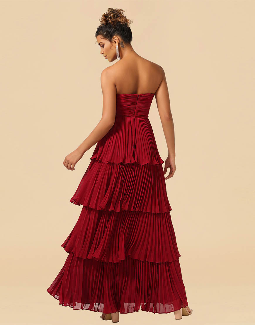 A-Line Burgundy Strapless Long Tiered Chiffon Bridesmaid Dress
