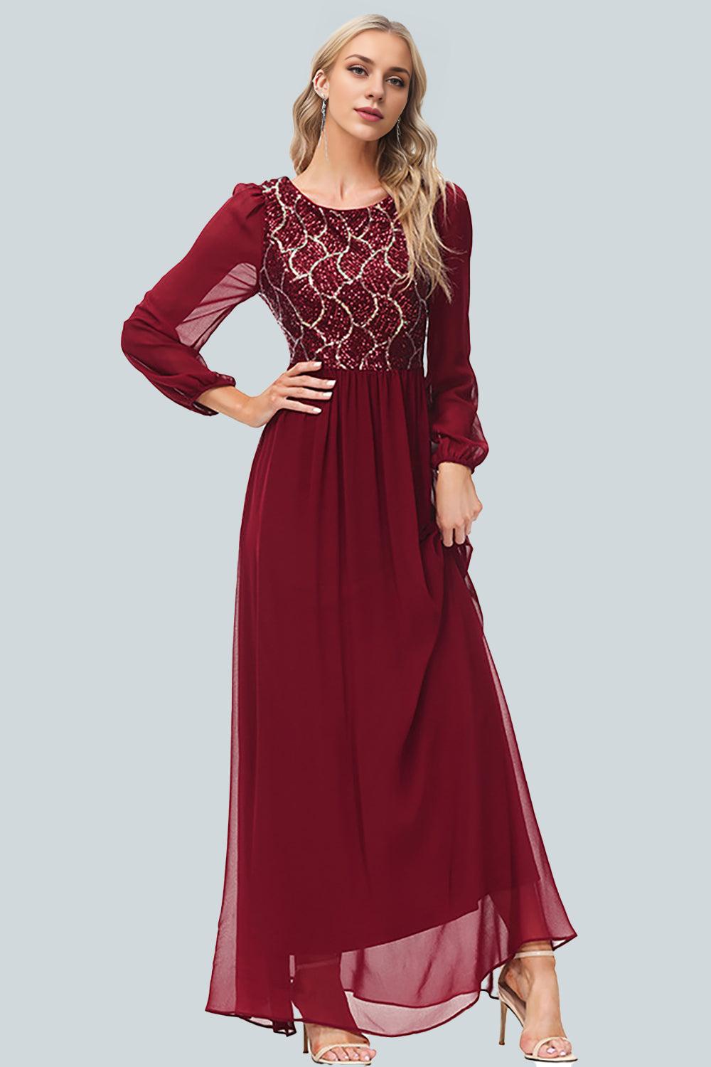A-line Round Neck Chiffon Splicing Sequined Toast Dress Mother of the Bride Dress with Slit