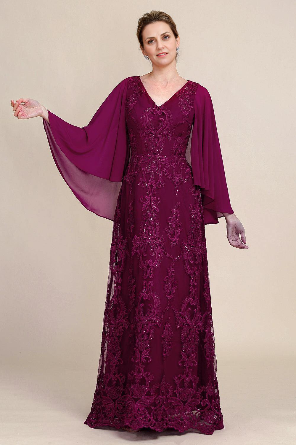 V Neck Beaded Batwing Sleeves Mother of the Bride Dress