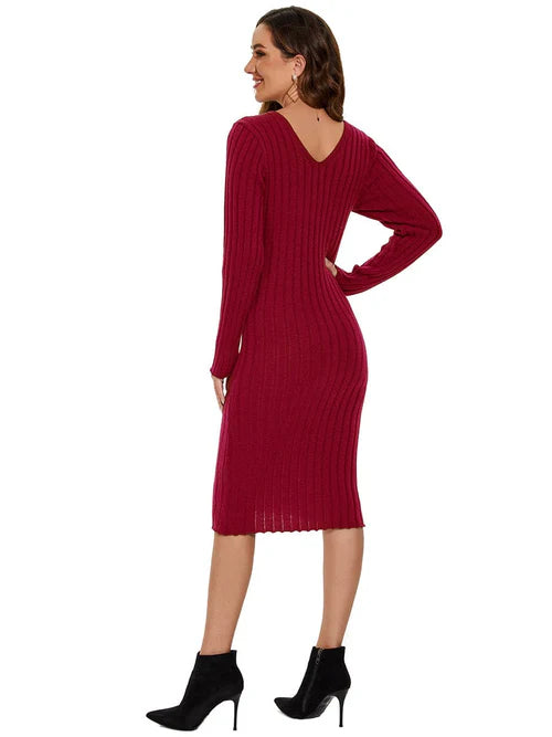 Ribbed long sleeved sexy V-neck tight knit sweater dress