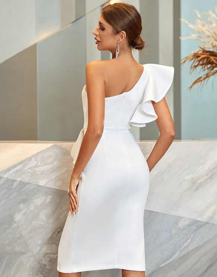 White sexy one shoulder slim fit cocktail skirt with ruffle edge