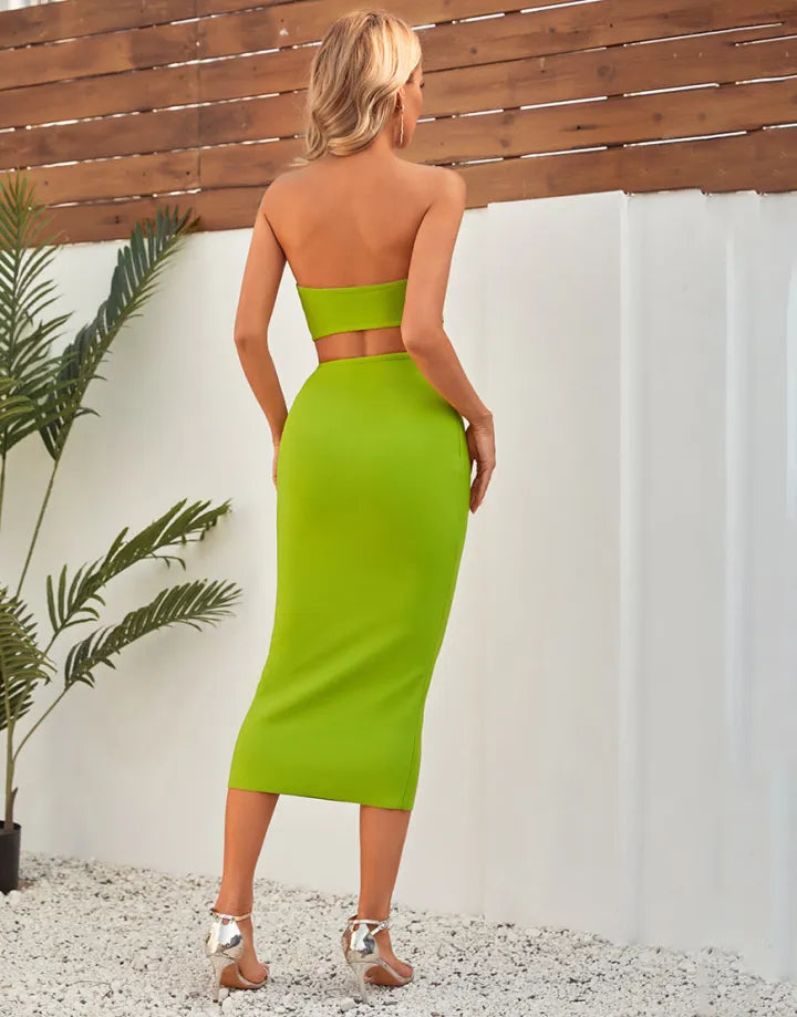Fashionable and sexy strapless waist tied midi green cocktail dress