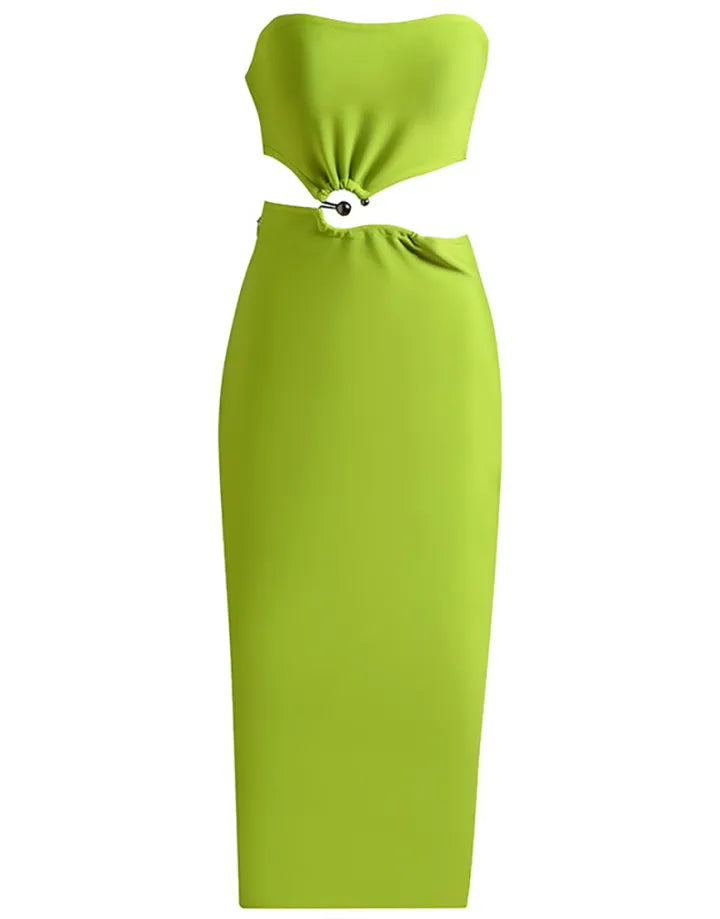 Fashionable and sexy strapless waist tied midi green cocktail dress