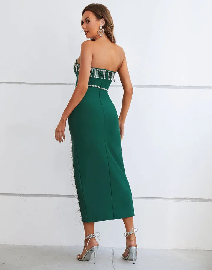 Dark green noble and elegant strapless tassel cocktail party dance party cocktail dress