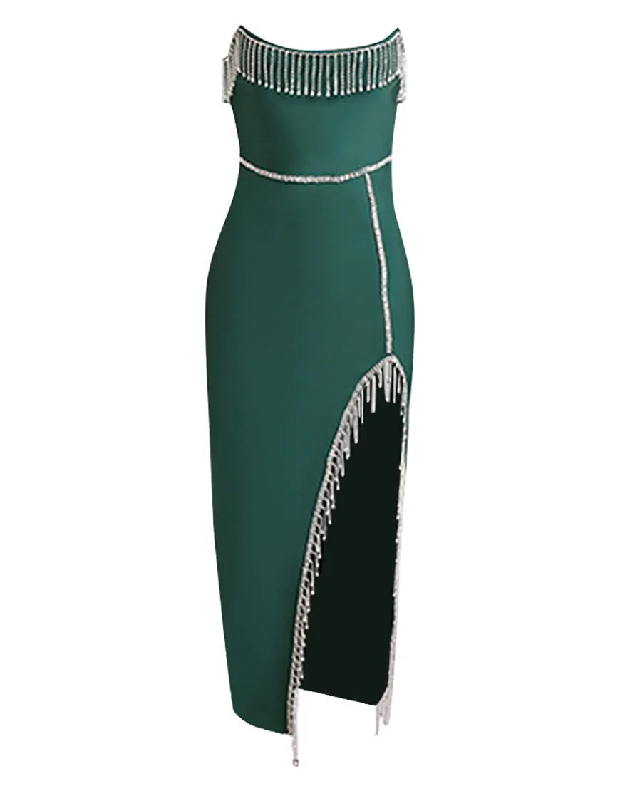 Dark green noble and elegant strapless tassel cocktail party dance party cocktail dress