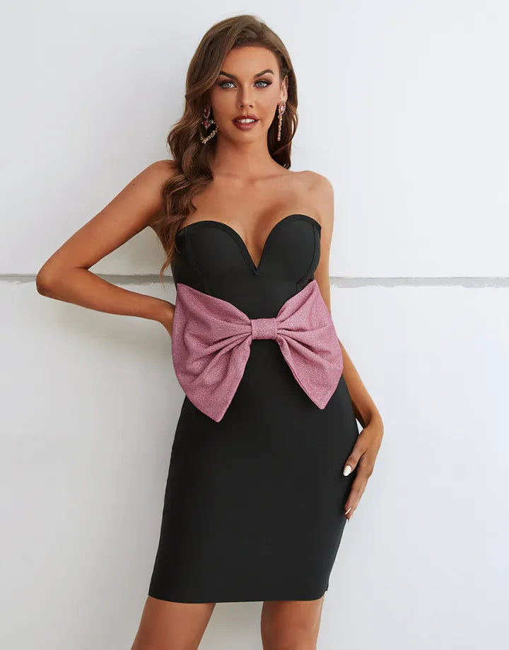 Cute and elegant strapless Bodycon cocktail dress paired with a bow