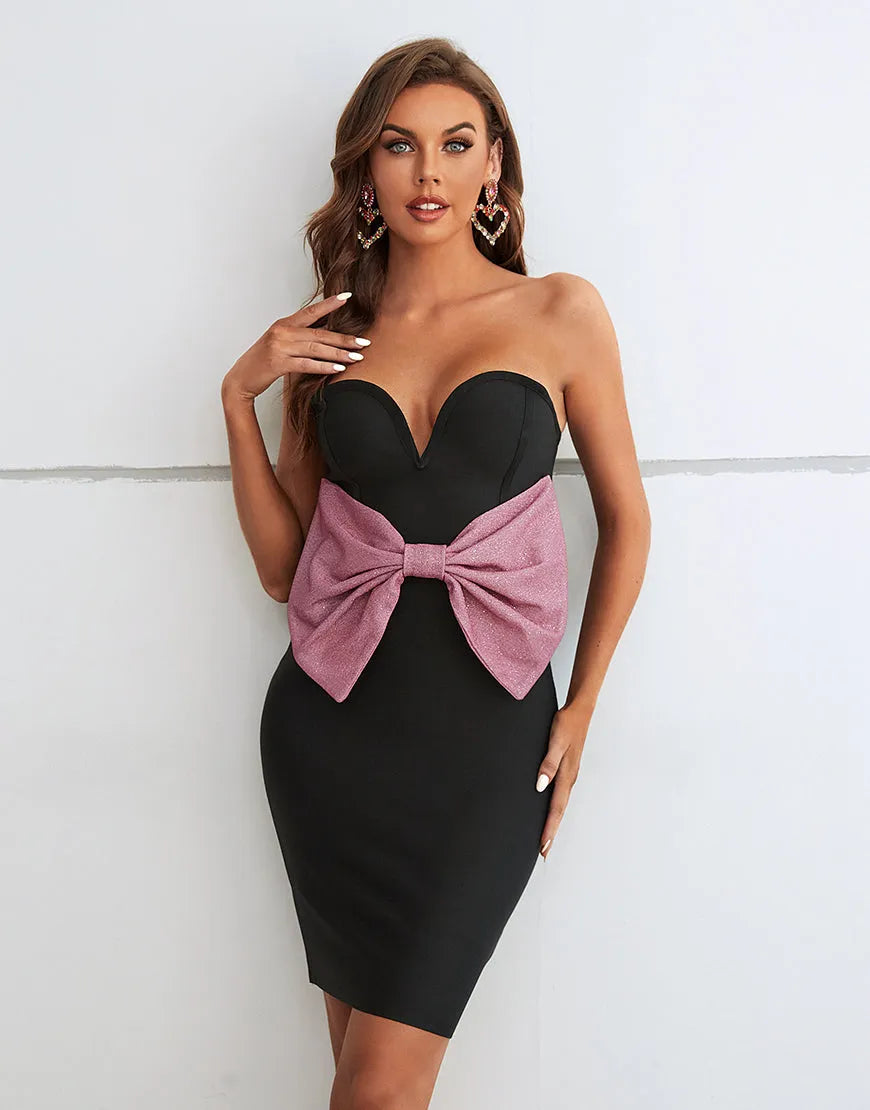 Cute and elegant strapless Bodycon cocktail dress paired with a bow