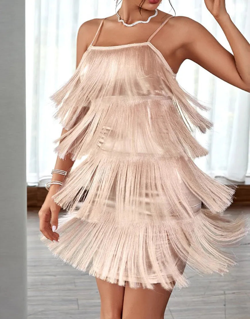 Elegant spaghetti strap with zipper back tassel party dress