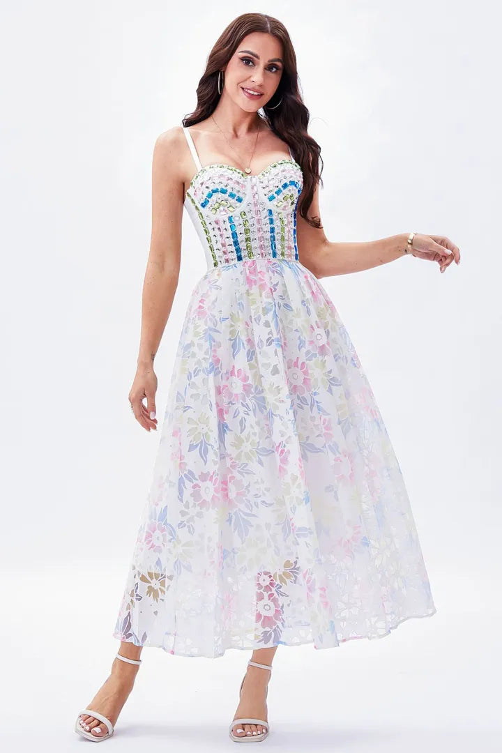 Bohemian A-line Italian Noodle Strap Tea Long Print Wine Party Dress