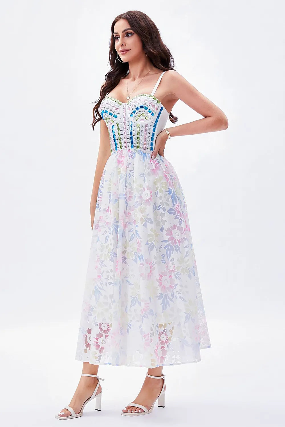 Bohemian A-line Italian Noodle Strap Tea Long Print Wine Party Dress
