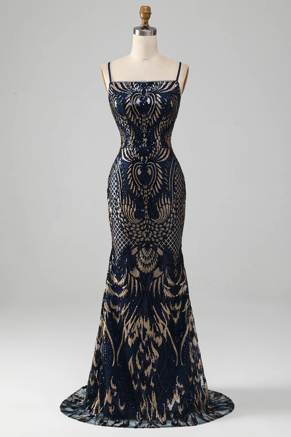 Sparkling navy blue spaghetti strap mermaid dance dress