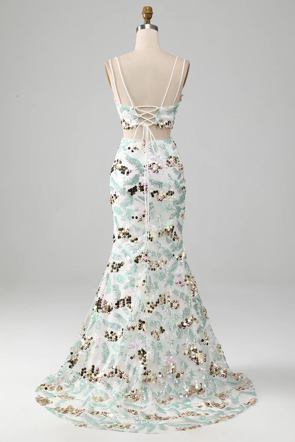 White striped two-piece set of sparkling sexy mermaid dance dress