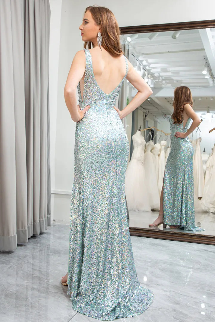 Sparkling light green sequin mermaid V-neck slim fit long ball dress