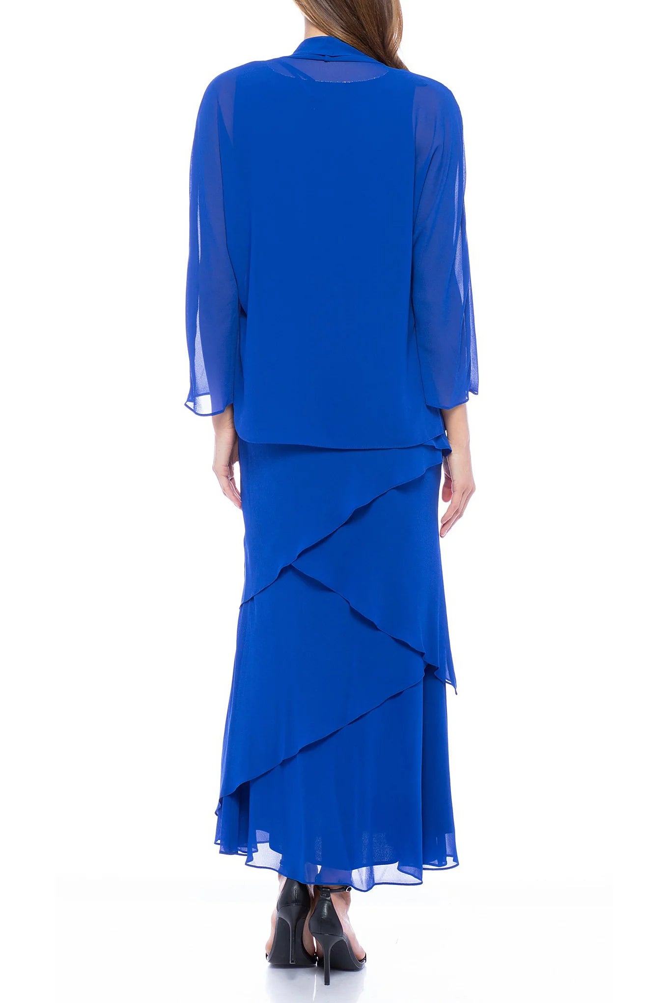 Embellished Scoop Neck Sleeveless Tiered Solid Chiffon Mother of the Bride Dress With Matching Long Sleeve Jacket