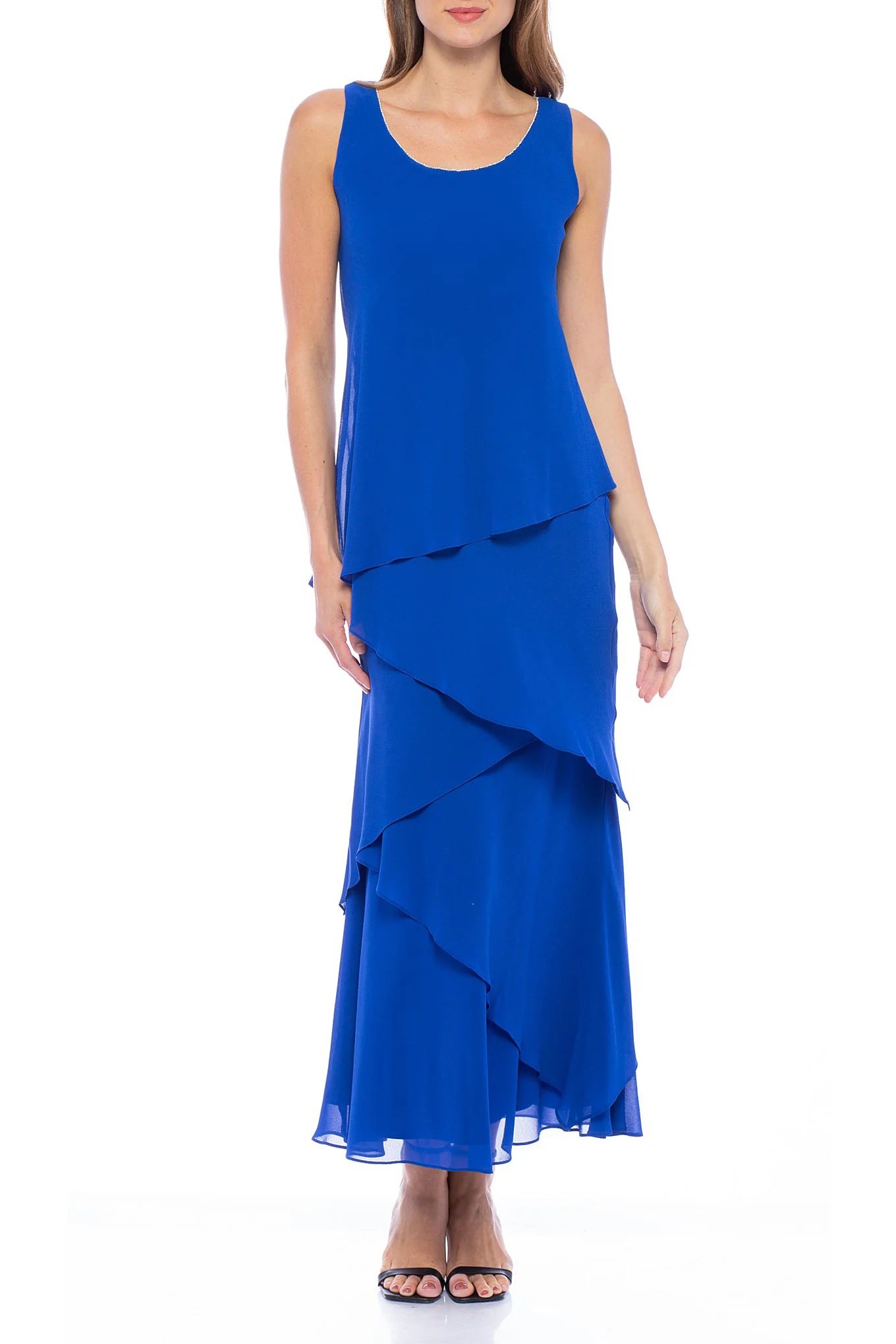 Embellished Scoop Neck Sleeveless Tiered Solid Chiffon Mother of the Bride Dress With Matching Long Sleeve Jacket