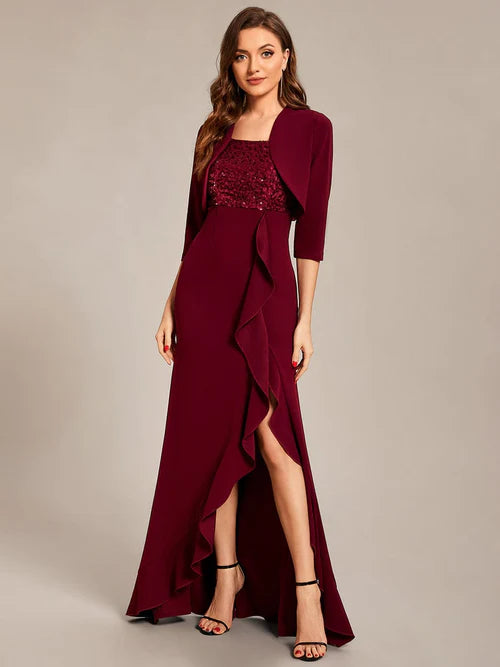 Customized size sequin ruffle edge sexy front slit dress