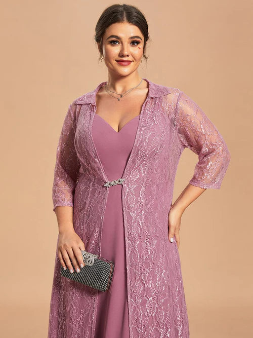 Customized two-piece chiffon sleeveless long sleeved lace bridal mother dress
