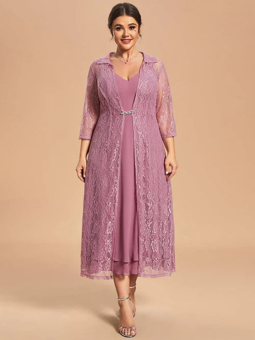 Customized two-piece chiffon sleeveless long sleeved lace bridal mother dress