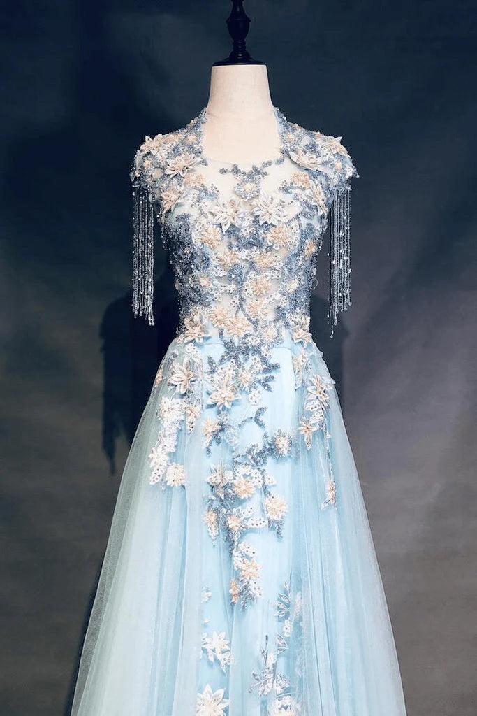 Blue Long sleeved Flower Ball Ball Dress Zipper Evening Dress