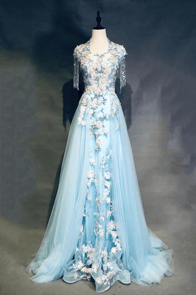 Blue Long sleeved Flower Ball Ball Dress Zipper Evening Dress