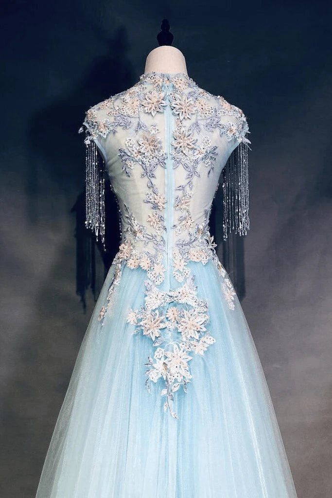 Blue Long sleeved Flower Ball Ball Dress Zipper Evening Dress