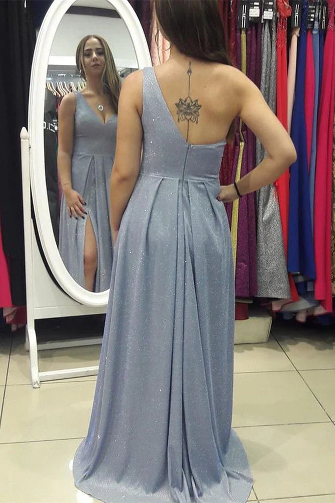 Inspired style one-shoulder long A-line skirt side slit ball dress