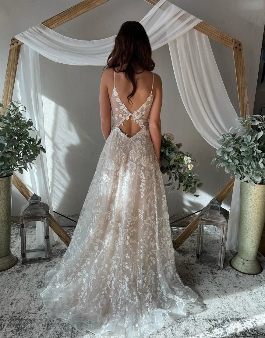 Elegant Champagne A-line Italian Noodle Strap Keyhole Back Wedding Dress